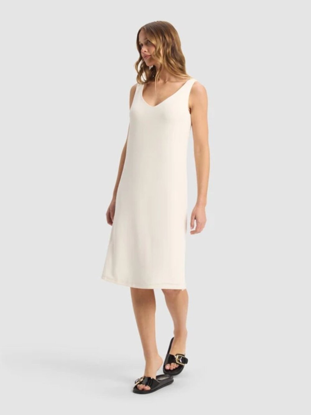 Cozy Earth Tank Lounge Dress Bamboo Rib Knit V Neck Midi Sleeveless Ivory Small
